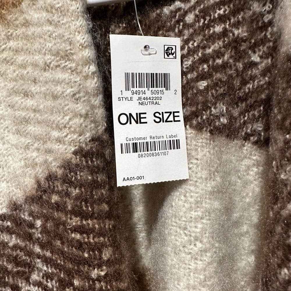 Jenni Plaid Fringe Poncho Wrap Neutral Brown‎ Tan Striped Pockets One Size NEW - Picture 3 of 4